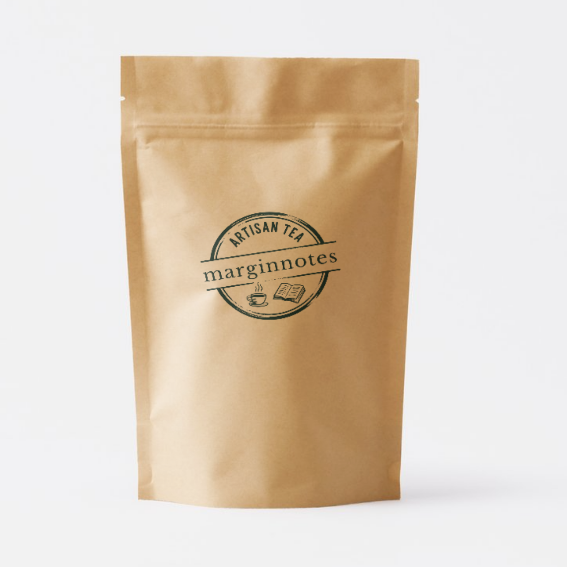 Kraft paper tea bag with 'marginnotes' branding on a white background