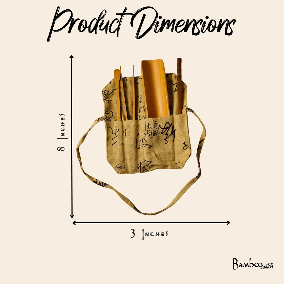 Bamboo Loose Tea Tool Set - marginnotesMeasurement chart for a cotton bag with dimensions and Bamboo brand logo.