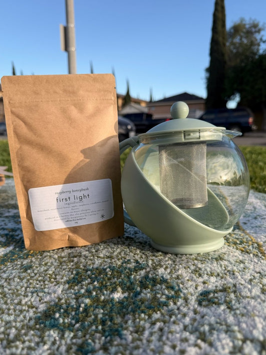 first light loose leaf tea - marginnotesTeapot Outdoor on a textured wall with a clear blue sky in the background