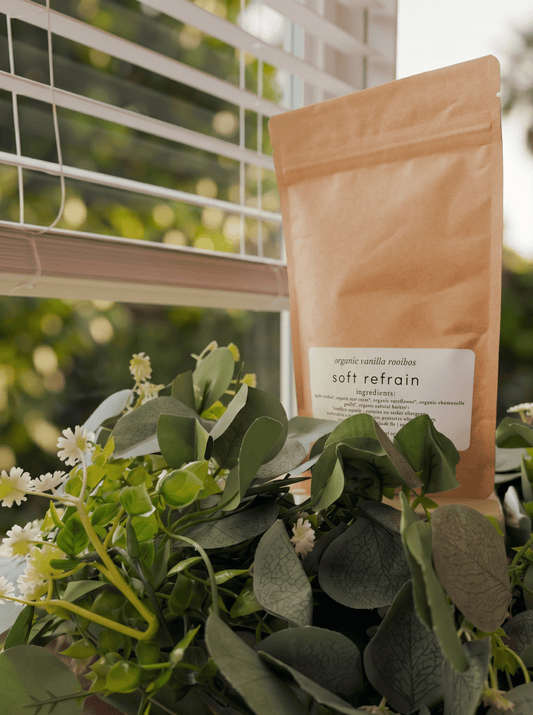 soft refrain loose leaf tea - marginnotesBrown package labeled 'soft refrain' on a table with greenery
