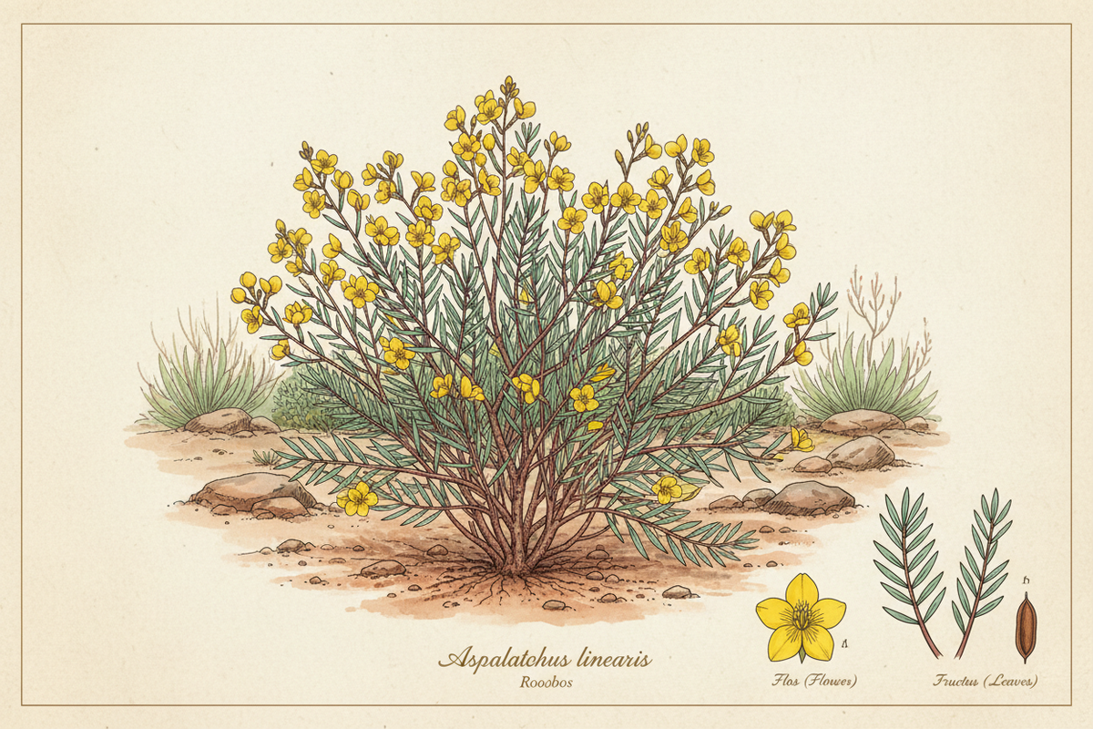 Botanical illustration of a plant with yellow flowers on a beige background