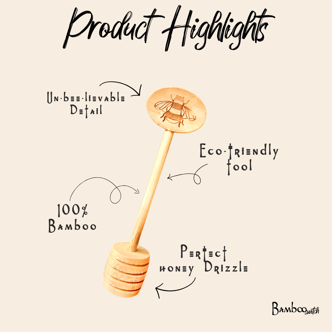 Bamboo Honey Dipper Spoon - marginnotesWooden honey dipper with bee design, labeled as eco - friendly and made of 100% bamboo.