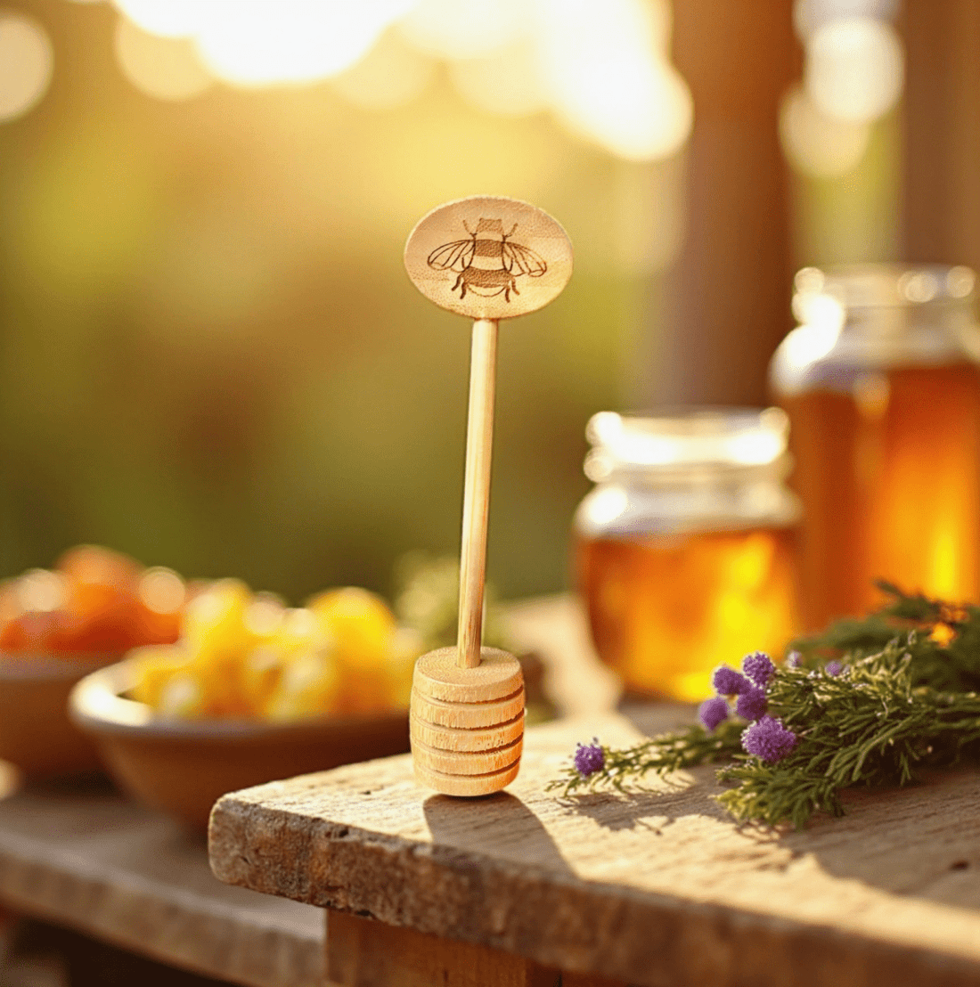 Bamboo Honey Dipper Spoon - marginnotesHoney dipper with a wooden handle on a wooden surface with jars of honey and fruit in the background.