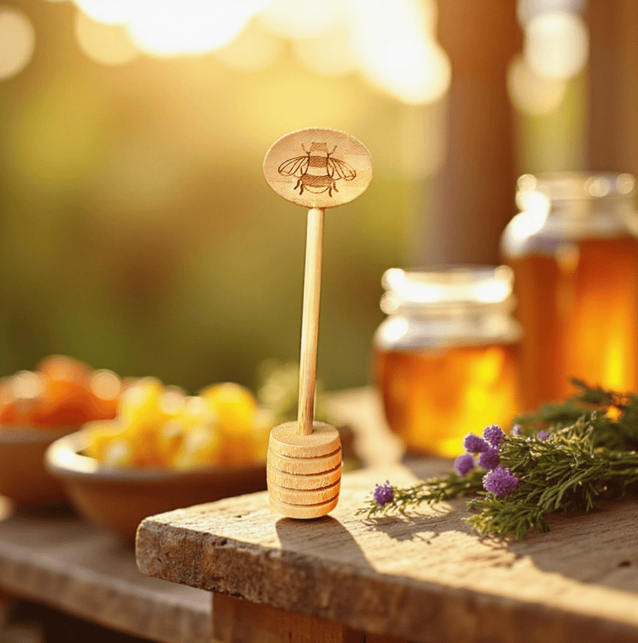 Bamboo Honey Dipper Spoon - marginnotesHoney dipper with a wooden handle on a wooden surface with jars of honey and fruit in the background.