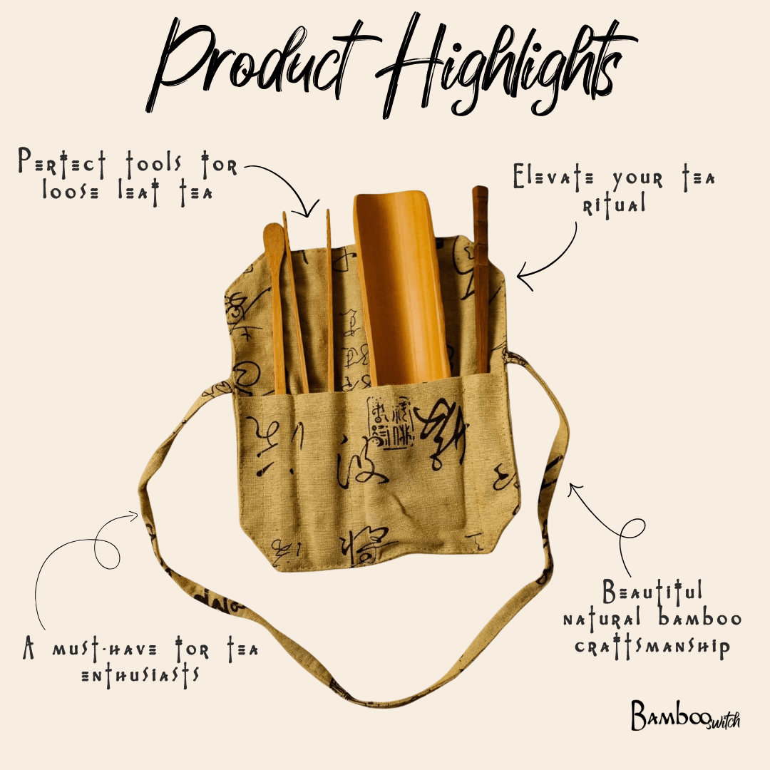 Bamboo Loose Tea Tool Set - marginnotesBamboo tea tools in a cotton bag with text highlighting features on a beige background