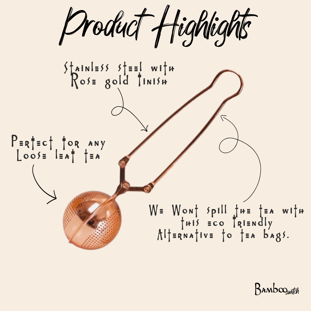 Rose Gold Stainless Steel Tea Strainer | Infuser - marginnotesTea infuser with rose gold finish on a beige background, featuring text about its use and material.