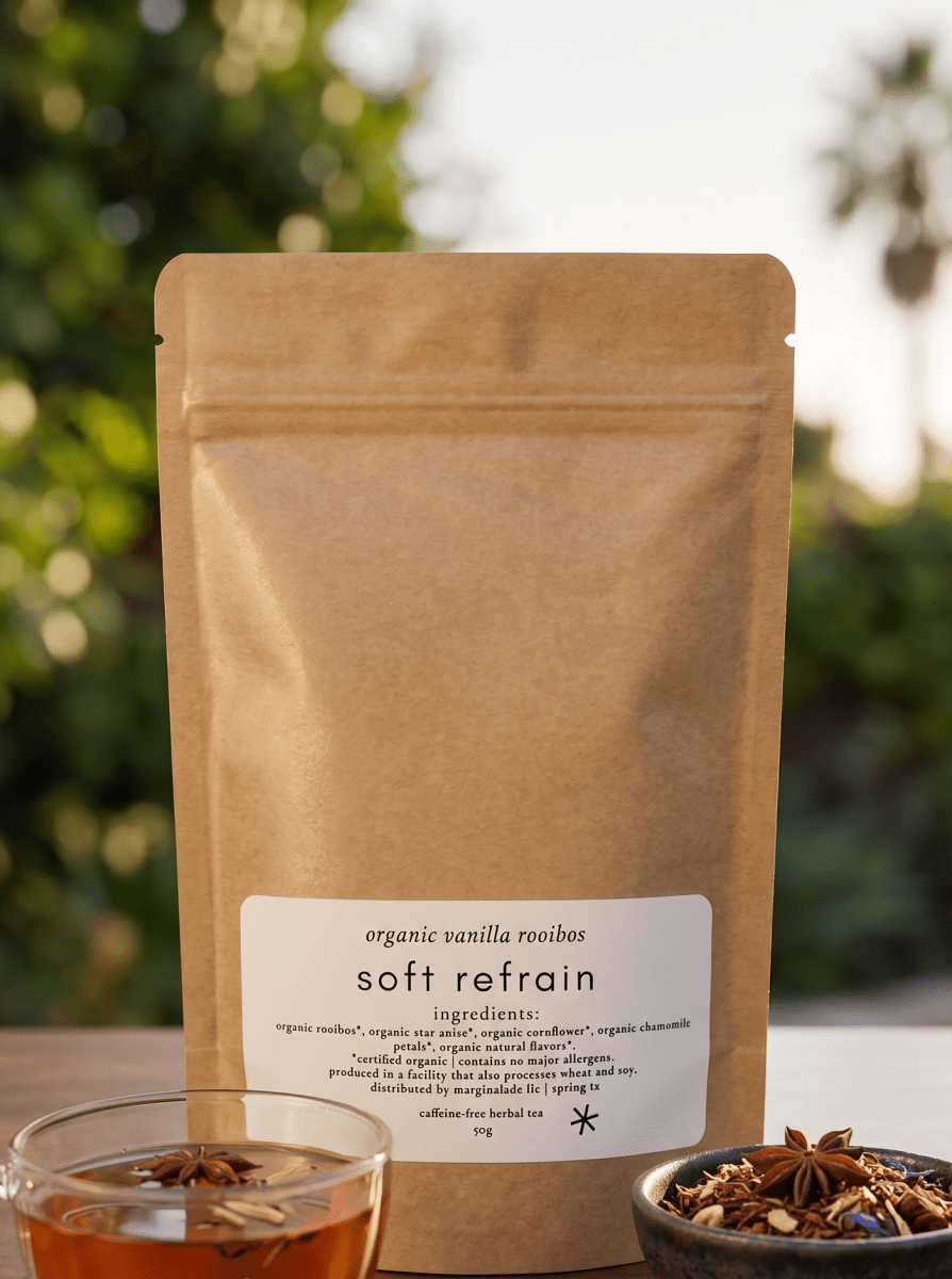 soft refrain loose leaf tea - marginnotesTea packaging with a cup of tea and a bowl of tea leaves on a wooden surface with a blurred green background.