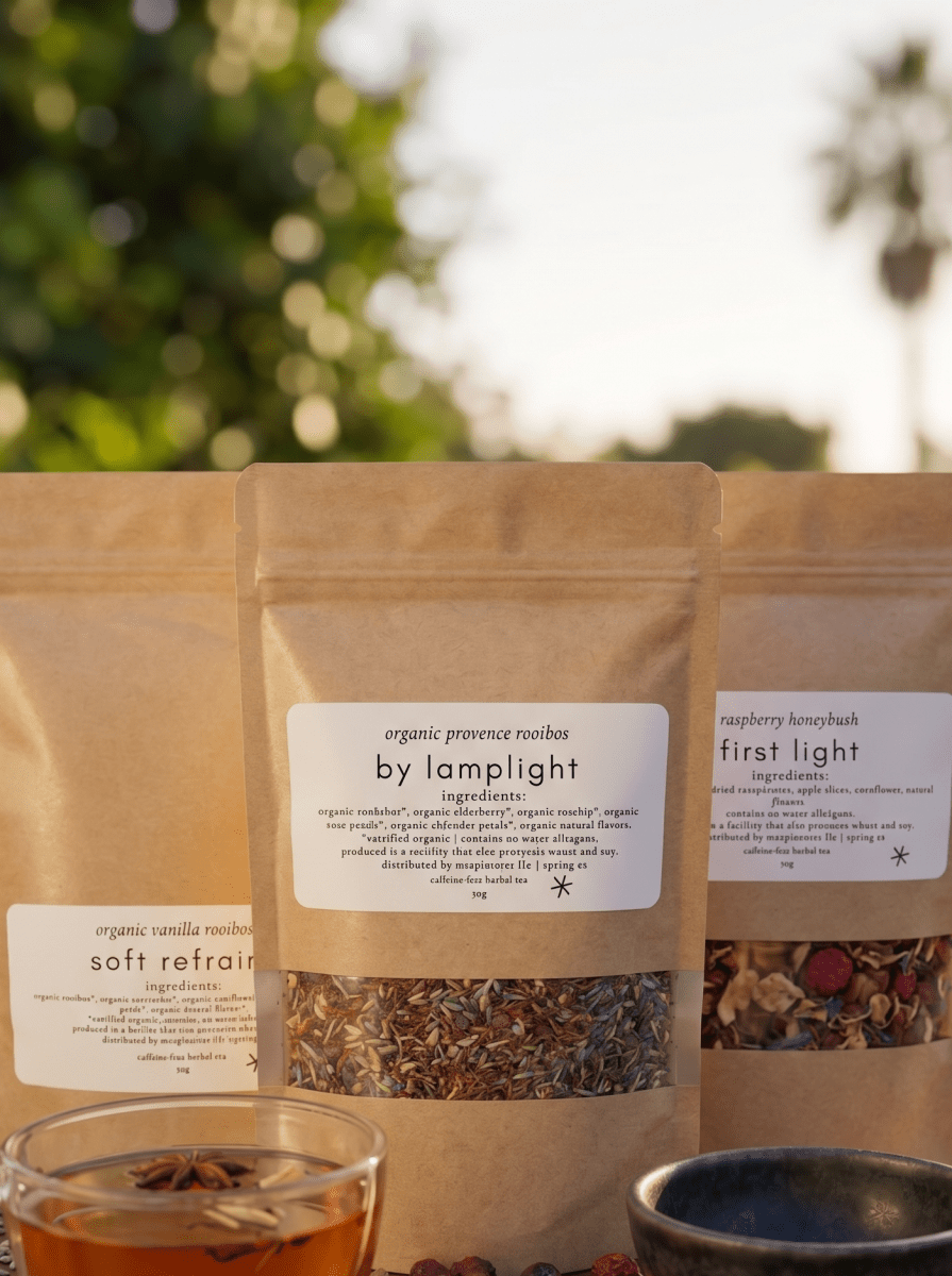 the blends - marginnotesThree tea packages on a wooden surface with a cup of tea and a bowl of dried herbs.
